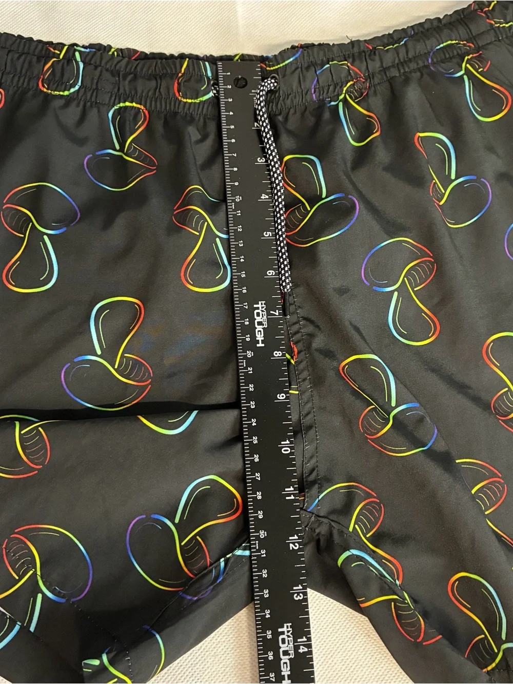 ENNEA Swim Trunks Men’s XL  Black Multicolor Mushroom Mesh Lining 3 Pockets Flaw